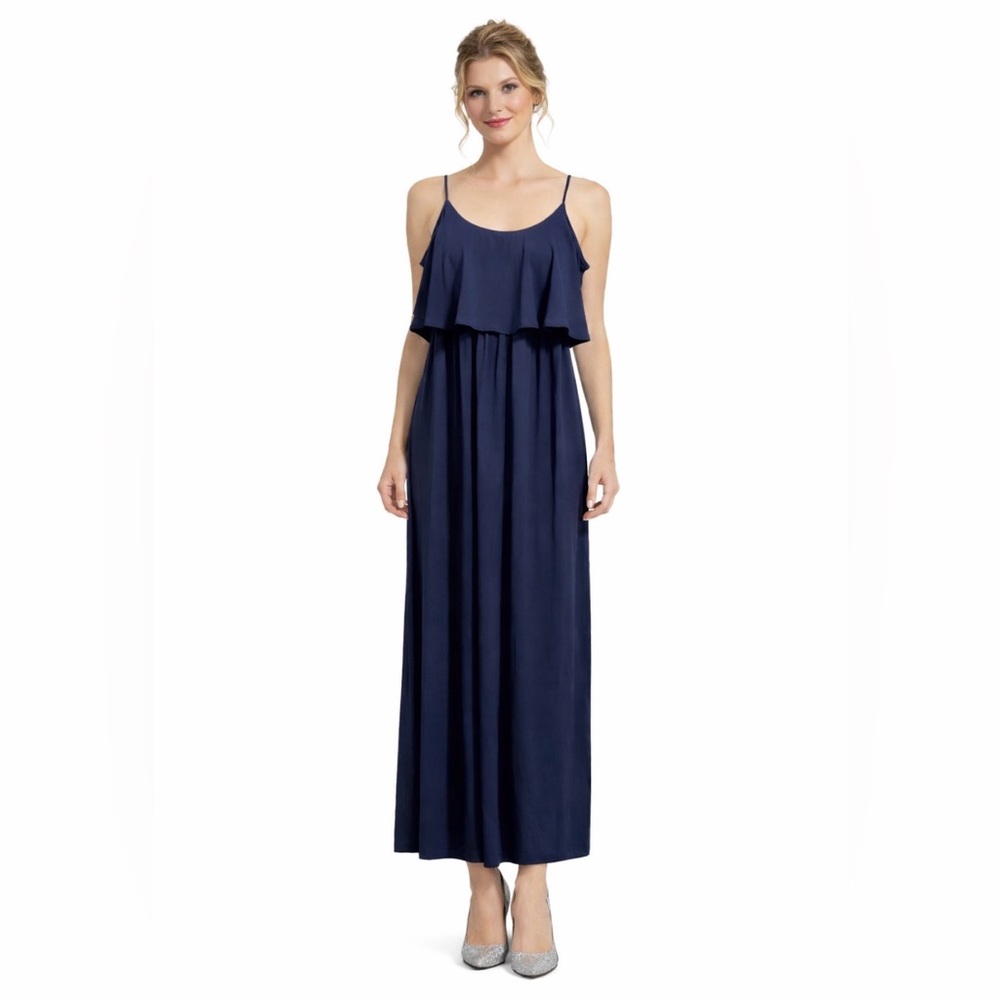 SHOW ME YOUR MUMU Maxi Dress Caitlin Ruffle Size Large Navy Blue